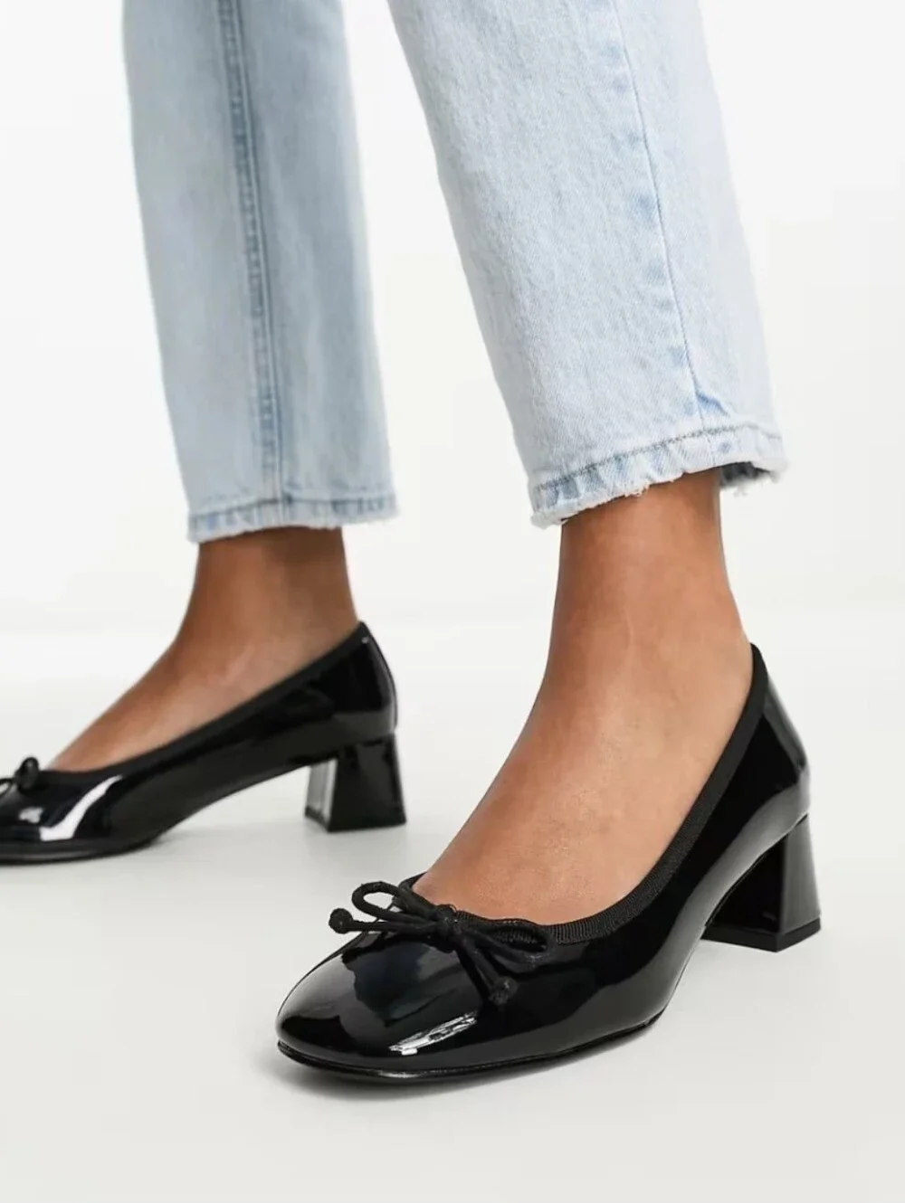 ASOS Design Steffie Black Patent Mid Heel Pumps with Bow